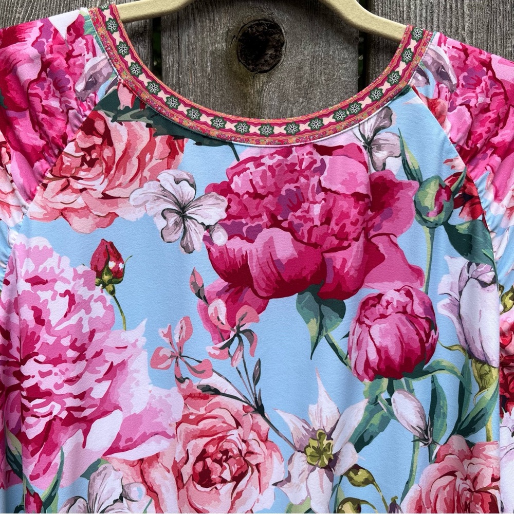 Johnny Was Light Blue Long Sleeve Top with Pink Floral Print - Picture 4 of 6
